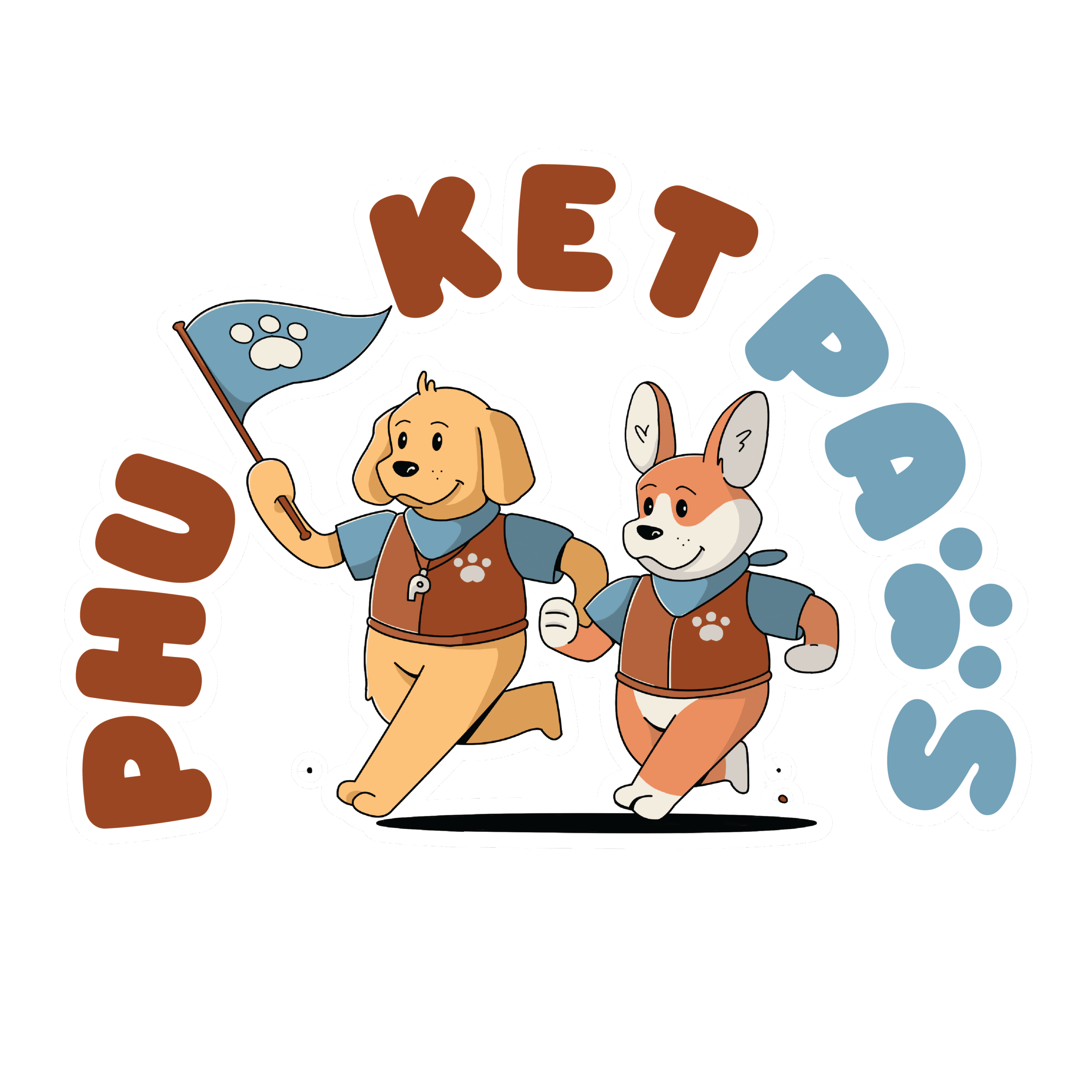โลโก้ Phuket Paws โรงเรียนฝึกสุนัขภูเก็ต แสดงภาพสุนัขสองตัวในชุดฝึกเดินถือธง