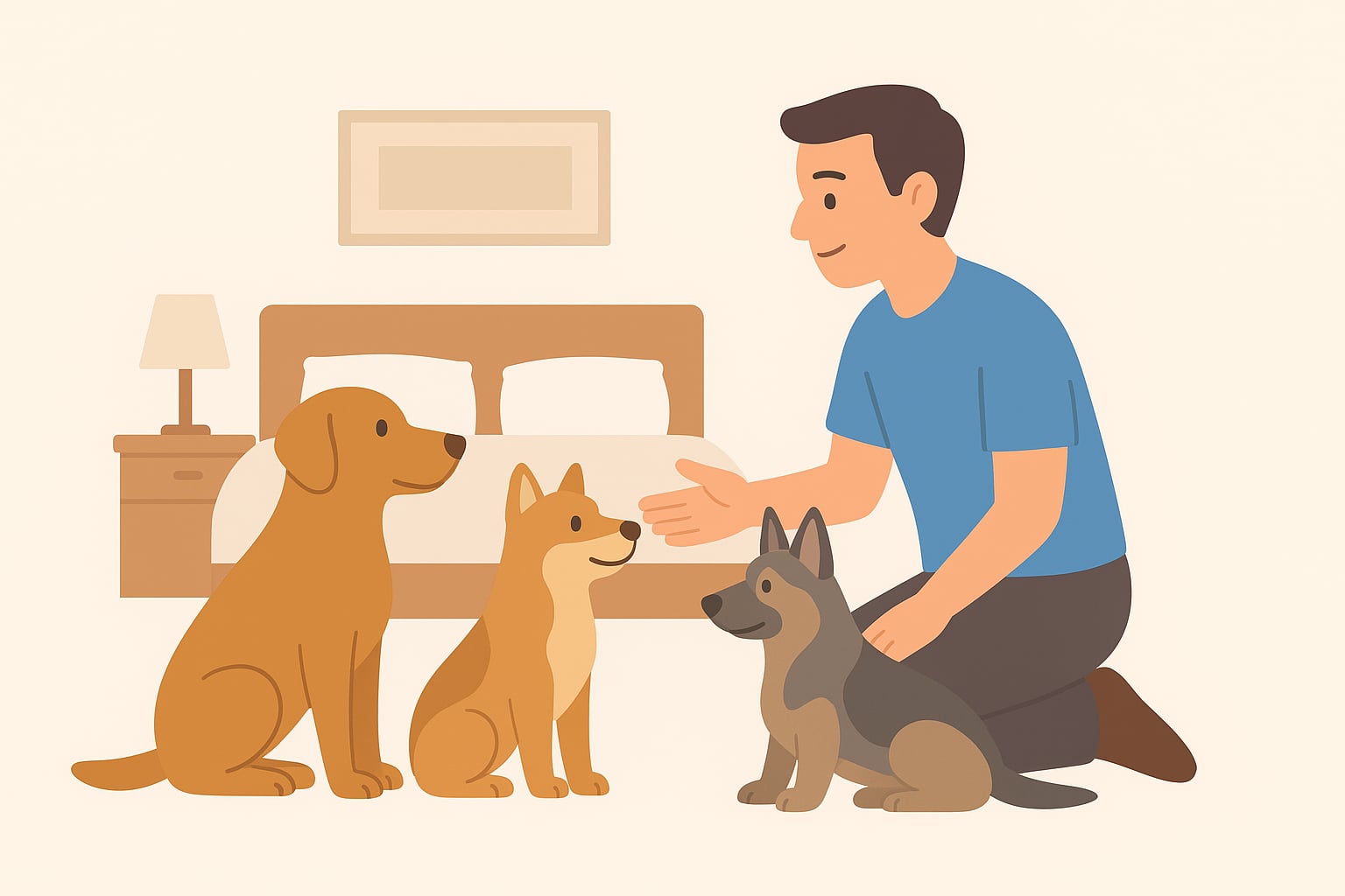 ชายกำลังฝึกสุนัขสามตัวในห้องแบบเป็นกันเอง สื่อการฝึกสุนัขด้วยวิธีเชิงบวกที่ PhuketPaws